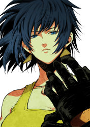 Rule 34 | 1girl, adjusting clothes, adjusting gloves, black gloves, blue eyes, blue hair, breasts, cleavage, dog tags, earrings, gloves, jewelry, leona heidern, looking down, ponytail, simple background, solo, takadobin k0fg, tank top, the king of fighters, the king of fighters xv, triangle earrings, white background, yellow tank top