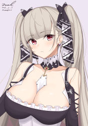 Rule 34 | 1girl, azur lane, between breasts, black bow, black dress, bow, breasts, cleavage, closed mouth, collarbone, dated, detached collar, dress, earrings, expressionless, formidable (azur lane), frilled dress, frills, hair bow, jewelry, large breasts, long hair, looking at viewer, purple background, red eyes, signature, silver hair, simple background, solo, twintails, twitter username, unel, upper body