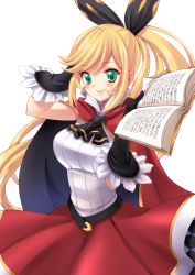 Rule 34 | 10s, 1girl, ascot, belt, black gloves, black ribbon, blonde hair, blush, book, breasts, cape, clarisse (granblue fantasy), cowboy shot, elbow gloves, female focus, gloves, granblue fantasy, green eyes, hairband, hand on own head, holding, holding book, large breasts, lips, long hair, looking at viewer, open book, piko (mea), ponytail, red cape, red skirt, ribbon, shirt, sidelocks, simple background, skirt, sleeveless, sleeveless shirt, smile, solo, standing, striped, text focus, vertical stripes, very long hair, white background