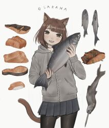 Rule 34 | 1girl, :d, anajudraws, animal, black pantyhose, blunt bangs, brown hair, cat girl, cat tail, fish, fish (food), food, grey jacket, highres, holding, holding animal, holding fish, hood, hood down, jacket, looking at viewer, open mouth, original, pantyhose, pleated skirt, short hair, simple background, skewer, skirt, smile, solo, standing, tail, white background, zipper