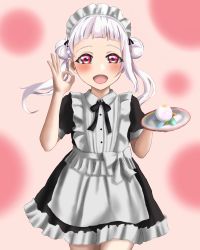 Rule 34 | 1girl, absurdres, apron, arashi chisato, artist name, artist request, black bow, black dress, black ribbon, black skirt, blush, bow, bowtie, breasts, collared dress, double bun, dress, female focus, floating hair, food, frilled apron, frilled shirt collar, frills, hair bun, hair ribbon, hair tie, highres, holding, holding plate, long hair, looking at viewer, love live!, love live! superstar!!, maid, maid apron, maid headdress, miniskirt, bowtie, ok sign, parted lips, plaid, plaid dress, plaid skirt, plate, pleated, pleated dress, pleated skirt, puffy short sleeves, puffy sleeves, red eyes, ribbon, short sleeves, skirt, small breasts, smile, solo, takoyaki, wavy hair, white apron, white bow, white hair