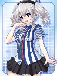 Rule 34 | 10s, 1girl, blue eyes, clothes writing, employee uniform, hat, impossible clothes, kantai collection, kashima (kancolle), lawson, long hair, silver hair, solo, standing, twintails, uniform, watakinu