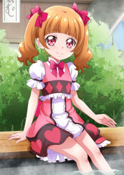 Rule 34 | 1girl, aisaki emiru, argyle, ashiyu, blunt bangs, bow, bowtie, brown hair, closed mouth, dress, hair bow, hanzou, heart, heart print, highres, hugtto! precure, long hair, looking at viewer, precure, red bow, red bowtie, red eyes, shiny skin, short dress, short sleeves, sitting, smile, soaking feet, solo, sunlight, twintails, white sleeves