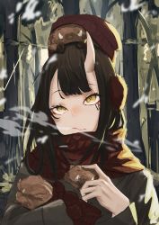 Rule 34 | 1girl, :/, absurdres, animal, animal on head, annoyed, beanie, black coat, black hair, boar, breath, closed mouth, coat, commentary request, earmuffs, facial mark, hat, highres, holding, holding animal, horns, huge filesize, kuronoiparoma, long hair, long sleeves, looking up, on head, oni horns, original, outdoors, petting, pig, red hat, red scarf, scarf, solo, tree, tsurime, winter, winter clothes, yellow eyes