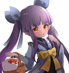 Rule 34 | 1girl, ame., basket, black skirt, blue kimono, blue ribbon, blush, bow, commentary request, hair ribbon, highres, japanese clothes, kimono, kyoka (princess connect!), long sleeves, looking at viewer, orange eyes, parted lips, pleated skirt, pointy ears, princess connect!, purple hair, ribbon, ribbon-trimmed kimono, sidelocks, simple background, skirt, solo, twintails, white background, wide sleeves, yellow bow