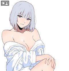 Rule 34 | 1girl, artist logo, bathrobe, blush, bob cut, breasts, cleavage, commentary, english commentary, fingernails, girls&#039; frontline, grey hair, head tilt, j adsen, jewelry, large breasts, looking at viewer, medium hair, nail polish, off shoulder, pink nails, purple eyes, ring, rpk-16 (girls&#039; frontline), smile, solo, wedding band