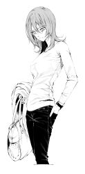 Rule 34 | 1girl, bag, commentary request, cropped legs, expressionless, greyscale, hair between eyes, hand in pocket, handbag, highres, holding, holding clothes, holding jacket, jacket, looking down, medium hair, mole, mole under mouth, monochrome, original, pants, simple background, solo, sweater, vice (kuronekohadokoheiku), watch, wristwatch