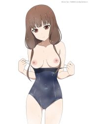 Rule 34 | 1girl, absurdres, blue one-piece swimsuit, breasts, brown eyes, brown hair, closed mouth, clothes pull, collarbone, competition school swimsuit, coro fae, covered navel, cowboy shot, dot nose, expressionless, fanbox username, gluteal fold, head tilt, highres, iino miko, kaguya-sama wa kokurasetai ~tensai-tachi no renai zunousen~, long hair, looking down, low twintails, medium breasts, nipples, one-piece swimsuit, one-piece swimsuit pull, paid reward available, pulling own clothes, school swimsuit, simple background, solo, split mouth, standing, steam, swimsuit, twintails, twitter username, watermark, web address, wet, wet clothes, wet swimsuit, white background