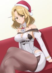 Rule 34 | 1girl, bare shoulders, between breasts, blonde hair, breasts, commentary request, detached collar, detached sleeves, hat, hiromon, houston (kancolle), kantai collection, pantyhose, santa hat, sitting, solo, thighs, yellow eyes