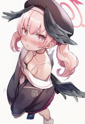 Rule 34 | 1girl, armpit crease, bare shoulders, beret, black cardigan, black hat, black wings, blue archive, blush, cardigan, collarbone, commentary request, doraje, dutch angle, feathered wings, flower, from above, hair flower, hair ornament, halo, hat, head wings, highres, koharu (blue archive), long sleeves, looking at viewer, loose socks, medium hair, neckerchief, off shoulder, parted lips, pink eyes, pink hair, pink neckerchief, red skirt, sailor collar, simple background, skirt, sleeves past fingers, sleeves past wrists, socks, solo, twintails, white background, white sailor collar, wings