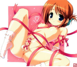 Rule 34 | 1girl, anus, ass, blush, blush stickers, bow, chinkora, erection, futanari, hair ornament, hairclip, hormone koijirou, looking at viewer, penis, precum, pussy, red hair, ribbon, short hair, simple background, small penis, smile, solo, source request, spread legs, third-party edit