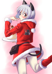 Rule 34 | 1girl, a9b (louis814), alternate costume, animal ears, black eyes, blush, cake, cat ears, cat tail, cowboy shot, licking finger, food, from behind, fur trim, highres, hood, leg up, licking, pantyhose, santa costume, sanya v. litvyak, short hair, silver hair, solo, strike witches, tail, world witches series