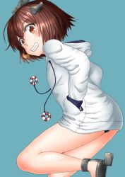 Rule 34 | 1girl, blue background, blue one-piece swimsuit, brown eyes, brown hair, commentary request, cowboy shot, drawstring, fujii isana, grin, hands in pockets, headgear, headset, hood, hooded jacket, hoodie, jacket, kantai collection, one-piece swimsuit, sandals, short hair, simple background, smile, solo, speaking tube headset, swimsuit, swimsuit under clothes, white jacket, yukikaze (kancolle)