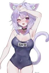 Rule 34 | 1girl, animal collar, animal ear fluff, animal ears, armpits, black collar, black one-piece swimsuit, breasts, cat ears, cat girl, cat tail, character name, cleavage, collar, collarbone, covered navel, cowboy shot, highres, hololive, large breasts, mofumin, nekomata okayu, one-piece swimsuit, purple eyes, purple hair, purple tail, school swimsuit, solo, swimsuit, tail, virtual youtuber