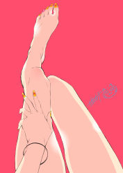Rule 34 | 1girl, anjou (yancha gal), artist name, bare legs, barefoot, bracelet, cat, commentary, fake nails, feet, hand on leg, highres, jewelry, legs, legs up, long legs, nail polish, paw print, pink nails, red background, shiny skin, signature, simple background, solo, toes, yancha gal no anjou-san, yellow nails, yuuichi katou