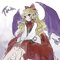 Rule 34 | 1girl, bat (animal), bat wings, black vest, closed mouth, commentary request, elis (touhou), expressionless, facial mark, flat chest, highres, kaigen 1025, long sleeves, open clothes, open vest, petticoat, pointy ears, purple wings, red skirt, shirt, sitting, sketch, skirt, solo, star (symbol), star facial mark, touhou, touhou (pc-98), vest, white shirt, wings