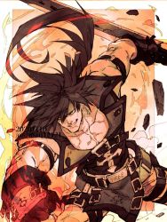 Rule 34 | 1boy, arm strap, bare pectorals, bare shoulders, belt, black gloves, brown eyes, brown hair, collarbone, covered navel, crack, cross, dated, english text, fingerless gloves, fire, gloves, guilty gear, guilty gear xrd, holding, holding sword, holding weapon, long hair, male focus, muscular, parted lips, pectorals, ponytail, red theme, rock, shin (sinsin12121), signature, smile, smoke, sol badguy, solo, sword, thigh strap, twitter username, watermark, weapon