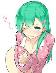 Rule 34 | 10s, 1girl, :p, ;p, alternate costume, bad id, bad twitter id, bottomless, breasts, cleavage, commentary request, green hair, jpeg artifacts, kantai collection, leaning forward, long hair, max melon, naked shirt, one eye closed, pajamas, shirt, simple background, solo, suzuya (kancolle), tongue, tongue out, white background