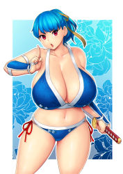 Rule 34 | 1girl, :o, absurdres, bikini, blue bikini, breasts, cleavage, commentary, english commentary, erkaz, eyebrows hidden by hair, hair behind ear, head tilt, highres, holding, holding sword, holding weapon, huge breasts, katana, looking at viewer, navel, ninja, open mouth, original, ponytail, reverse grip, rina atherina, short hair, solo, swimsuit, sword, v-shaped eyebrows, weapon