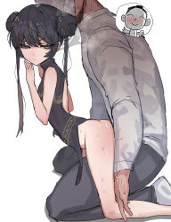Rule 34 | 1boy, 1girl, absurdres, doodle sensei (blue archive), ass, black dress, black hair, black pants, blue archive, china dress, chinese clothes, closed mouth, double bun, dress, dry humping, grey eyes, grey halo, hair bun, halo, highres, humping, k8on, kisaki (blue archive), long hair, pants, sensei (blue archive), shirt, short hair, simple background, sleeveless, sleeveless dress, twintails, white background, white shirt