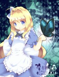 Rule 34 | 1girl, ahoge, apron, argyle, argyle background, argyle clothes, arisugawa nao, blonde hair, blue bow, blue dress, blue eyes, blush, bow, bowtie, bug, butterfly, butterfly on hand, clenched hand, copyright name, cowboy shot, dress, expressionless, foreshortening, frilled apron, frilled dress, frilled sleeves, frills, hair between eyes, hair bow, hair intakes, highres, insect, josephine (twin tail rabbit), logo, long hair, original, outstretched arm, parted lips, puffy short sleeves, puffy sleeves, short sleeves, solo, tareme, very long hair