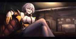 Rule 34 | 1girl, absurdres, breasts, commentary, commentary request, couch, gf hatter, girls&#039; frontline, glasses, gloves, half gloves, headphones, headphones around neck, highres, indoors, knife, magazine (weapon), necktie, open mouth, pants, red eyes, red necktie, sheath, sheathed, sitting, smile, solo, teeth, thompson (girls&#039; frontline)