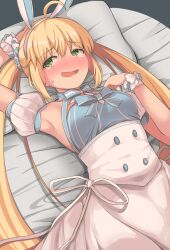 Rule 34 | 1girl, @ @, absurdres, ahoge, animal ears, arm up, artoria caster (fate), artoria caster (swimsuit) (fate), artoria caster (swimsuit) (second ascension) (fate), artoria pendragon (fate), bare shoulders, blonde hair, blue bow, blue dress, blush, bow, breasts, detached sleeves, dress, fake animal ears, fate/grand order, fate (series), green eyes, hairband, highres, long hair, lying, medium breasts, on bed, puffy short sleeves, puffy sleeves, rabbit ears, scrunchie, short sleeves, solo, sweatdrop, tanuki (siutkm0228), tearing up, twintails, white bow, wrist scrunchie
