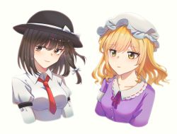Rule 34 | 2girls, black headwear, blonde hair, bow, breasts, brown eyes, brown hair, chinese commentary, collared dress, collared shirt, commentary request, dress, hair bow, hat, hat bow, highres, maribel hearn, medium hair, miujo, mob cap, multiple girls, necktie, open mouth, purple dress, red necktie, red ribbon, ribbon, shirt, small breasts, touhou, usami renko, wavy hair, white background, white bow, white headwear, white shirt, yellow eyes