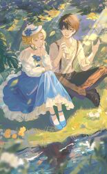 Rule 34 | 1boy, 1girl, aurore lee, black hair, blonde hair, blue choker, blue dress, blue eyes, blue flower, blue footwear, blue rose, blurry, blurry foreground, brother and sister, brown footwear, brown pants, chinese commentary, choker, circle of inevitability, closed eyes, commentary request, danhuangmiao, dress, english text, flower, hand on own chin, highres, lord of the mysteries, lumian lee, on grass, outdoors, pants, reflection, reflective water, river, rose, shirt, short hair, siblings, sunlight, suspenders, tree, water, white headwear, white shirt