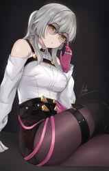 Rule 34 | 1girl, absurdres, aoikito lavender086, bare shoulders, black background, black shorts, blush, breasts, cosplay, detached sleeves, dress, eyewear on head, gloves, high-waist shorts, highres, honkai: star rail, honkai (series), kafka (honkai: star rail), kafka (honkai: star rail) (cosplay), large breasts, leggings, long hair, looking at viewer, pantyhose, pantyhose under shorts, ponytail, purple gloves, purple leggings, purple pantyhose, see-through, shirt, shorts, signature, simple background, solo, stelle (honkai: star rail), sunglasses, tight clothes, tight dress, trailblazer (honkai: star rail), white shirt, yellow eyes