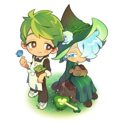 Rule 34 | 2boys, apron, aqua eyes, blue hair, brown eyes, colored eyelashes, cookie run, dress, flower, flower pot, green dress, green hair, green headwear, hat, hat flower, herb cookie, humanization, light blue hair, long sleeves, male focus, multiple boys, myunazzang, plant, potted plant, short hair, white apron, witch hat