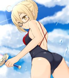 Rule 34 | 1girl, ahoge, artoria pendragon (fate), ass, backless swimsuit, bare arms, bare legs, black one-piece swimsuit, blonde hair, blue sky, braid, braided bun, breasts, cloud, day, excalibur (fate/stay night), fate/grand order, fate (series), female focus, from behind, from below, glasses, hair bun, highres, holding, holding sword, holding weapon, kitsunerider, looking down, mysterious heroine x alter (fate), one-piece swimsuit, outdoors, semi-rimless eyewear, sky, solo, standing, swimsuit, sword, under-rim eyewear, water, weapon, yellow eyes