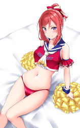 Rule 34 | 1girl, absurdres, blush, cheerleader, hair ornament, highres, holding, holding pom poms, looking at viewer, love live!, love live! school idol project, navel, nishikino maki, on bed, panties, pom poms, ponytail, purple eyes, red hair, red panties, sitting, sitting on bed, underwear, yellow pom poms, yopparai oni