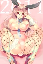 Rule 34 | 1girl, absurdres, animal ears, breasts, cleavage, fake animal ears, fishnet pantyhose, fishnets, glasses, high heels, highres, legs, long hair, murata tomohide, original, pantyhose, pink hair, playboy bunny, rabbit ears, rabbit tail, red eyes, shoes, solo, spread legs, tail, thick thighs, thighs, wrist cuffs