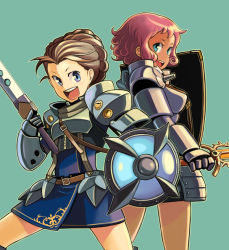 Rule 34 | 2girls, :d, armor, atlus, back-to-back, belt, blue eyes, bowieknife, breasts, brown hair, curly hair, dark-skinned female, dark skin, etrian odyssey, fantasy, fighting stance, flat chest, from behind, gauntlets, hair bun, holding, large breasts, looking at viewer, looking back, multiple girls, open mouth, paladin (sekaiju), paladin 4 (sekaiju), pink hair, sekaiju no meikyuu, sekaiju no meikyuu 2, shield, short hair, simple background, single hair bun, smile, spread legs, standing, sword, swordsman (sekaiju), swordsman 4 (sekaiju), tan, thighhighs, weapon, zettai ryouiki