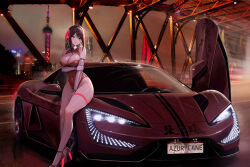 Rule 34 | 1girl, absurdres, alternate costume, arm under breasts, azur lane, bare shoulders, black hair, breasts, building, byd (brand), byd yangwang u9, car, character name, chen hai (azur lane), china, cityscape, cleavage, closed mouth, commentary, copyright name, detached sleeves, elbow gloves, full body, gloves, hair ribbon, high heels, highleg, highleg leotard, highres, kcar66t, large breasts, leotard, license plate, long hair, looking at viewer, motor vehicle, night, oriental pearl tower, outdoors, product placement, purple eyes, race queen, real world location, red leotard, ribbon, shanghai, shanghai (city), sitting on car, skindentation, solo, thigh strap, tower, vehicle request