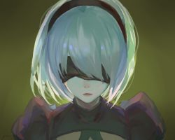 Rule 34 | 1girl, 2b (nier:automata), black blindfold, black hairband, blindfold, green background, hairband, nier:automata, nier (series), parted lips, portrait, puffy sleeves, red cucumber, short hair, solo, turtleneck, upper body, white hair