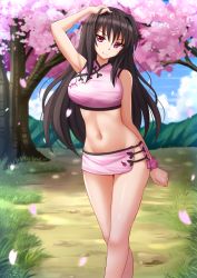 Rule 34 | &gt;:), 1girl, arm up, bare arms, bare legs, bare shoulders, black hair, blush, breasts, cherry blossoms, chinese clothes, closed mouth, commission, cowboy shot, day, groin, high school dxd, highres, kazenokaze, large breasts, long hair, looking at viewer, miniskirt, navel, outdoors, petals, raynare, red eyes, revealing clothes, skirt, smile, solo, stomach, v-shaped eyebrows