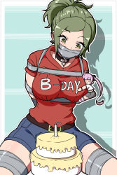 Rule 34 | 2girls, absurdres, belt, birthday, borrowed character, bound, breasts, cake, chibi, cloth gag, english text, feet out of frame, food, forehead, gag, gagged, green eyes, green hair, happy, happy birthday, highres, hug, improvised gag, issa castagno, issa castagno (character), large breasts, looking down, medium breasts, messy hair, multiple girls, olivia (tiedtiki), original, over the mouth gag, parted bangs, ponytail, purple hair, red shirt, sex toy, shirt, short sleeves, shorts, surprised, tape, tape gag, thighs, tiedtiki, twintails, yuri