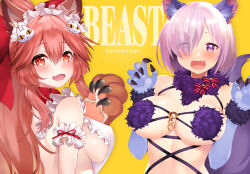 Rule 34 | 2girls, animal ear fluff, animal ears, animal hands, apron, blush, breasts, cat hair ornament, cat paws, copyright name, elbow gloves, english text, fang, fate/grand order, fate (series), fox ears, fox girl, fox tail, fur-trimmed gloves, fur-trimmed legwear, fur bikini, fur collar, fur trim, gloves, hair ornament, halloween costume, highres, large breasts, looking at viewer, maid headdress, mash kyrielight, mash kyrielight (dangerous beast), multiple girls, naked apron, o-ring, o-ring top, open mouth, paw gloves, pink hair, purple eyes, purple gloves, purple hair, purple tail, red eyes, revealing clothes, sabi1234, short hair, skin fang, tail, tamamo (fate), tamamo cat (fate), tamamo cat (third ascension) (fate), white apron, wolf ears, wolf tail