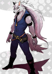 Rule 34 | 10s, 1boy, bad id, bad pixiv id, belt, boots, full body, furry, furry male, grin, kitakarai, long hair, male focus, pants, precure, smile, smile precure!, solo, tail, werewolf, white hair, wolf tail, wolfrun