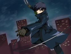 Rule 34 | 1boy, black hair, city, coat, darker than black, hei (darker than black), highres, knife, male focus, outdoors, sky, solo, trench coat, weapon, wire