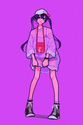 Rule 34 | 1girl, absurdres, black eyes, black footwear, black hair, earrings, grey hat, hat, highres, holding, holding clothes, holding shirt, hoop earrings, jewelry, long hair, long sleeves, miyoshi yoshimi, original, purple background, purple shirt, purple theme, red bag, shadow, shirt, shoes, simple background, socks, solo, tongue, tongue out, twintails