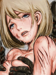 Rule 34 | 1girl, ashley graham, bad id, bad pixiv id, blonde hair, blood, blue eyes, breasts squeezed together, breasts, cuts, injury, katou teppei, lips, medium breasts, nude, open mouth, rape, resident evil, resident evil 4, tears, zombie