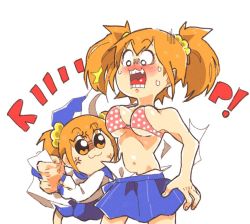 Rule 34 | 10s, 2girls, anger vein, bikini, blush, breasts, cleavage, dress, hair ornament, inkerton-kun, multiple girls, multiple persona, navel, open mouth, orange eyes, orange hair, polka dot, polka dot bikini, poptepipic, popuko, sailor dress, sound effects, sweatdrop, swimsuit, tearing clothes, torn clothes, twintails