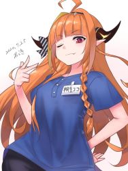 Rule 34 | 1girl, ahoge, alternate costume, araki (qbthgry), braid, character name, dated, dragon girl, dragon horns, fang, fang out, hand on own hip, hololive, horns, kiryu coco, long hair, looking down, orange eyes, red eyes, simple background, solo, v, virtual youtuber, white background