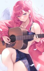 Rule 34 | 1girl, acoustic guitar, angel wings, blue bra, blue eyes, blue skirt, blush, bocchi the rock!, bra, closed mouth, crossed legs, earrings, feather earrings, feathered wings, feathers, friend0426, gotoh hitori, guitar, halo, heart halo, highres, holding, holding instrument, instrument, jacket, jewelry, light smile, long hair, miniskirt, off shoulder, pink jacket, pleated skirt, single bare shoulder, sitting, skirt, solo, thighs, track suit, underwear, white wings, wings