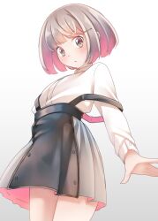 Rule 34 | 1girl, blush, brown eyes, brown hair, collared shirt, comah, dress shirt, gradient background, grey background, grey skirt, hair ornament, hairclip, highres, long sleeves, looking at viewer, multicolored hair, original, parted lips, pink hair, pleated skirt, shirt, short hair, skirt, solo, suspender skirt, suspenders, suspenders slip, two-tone hair, white background, white shirt