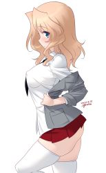 Rule 34 | 1girl, aqua eyes, blush, breasts, covered erect nipples, from side, girls und panzer, highres, kay (girls und panzer), kuzuryuu kennosuke, large breasts, light brown hair, looking at viewer, medium breasts, miniskirt, pleated skirt, red skirt, shirt, skindentation, skirt, solo, thighhighs, white background, white shirt, white thighhighs