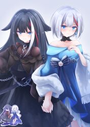 Rule 34 | 2girls, absurdres, admiral graf spee (azur lane), azur lane, black bow, black choker, black collar, black dress, black hair, blue dress, blue eyes, bow, chain, choker, collar, deutschland (azur lane), dress, earrings, grey hair, highres, holding hands, jewelry, long hair, multicolored hair, multiple girls, osatou (soul of sugar), shawl, streaked hair